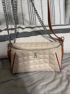 Steve Madden Quilted Cream Crossbody with Tan Trim and Silver Chain
